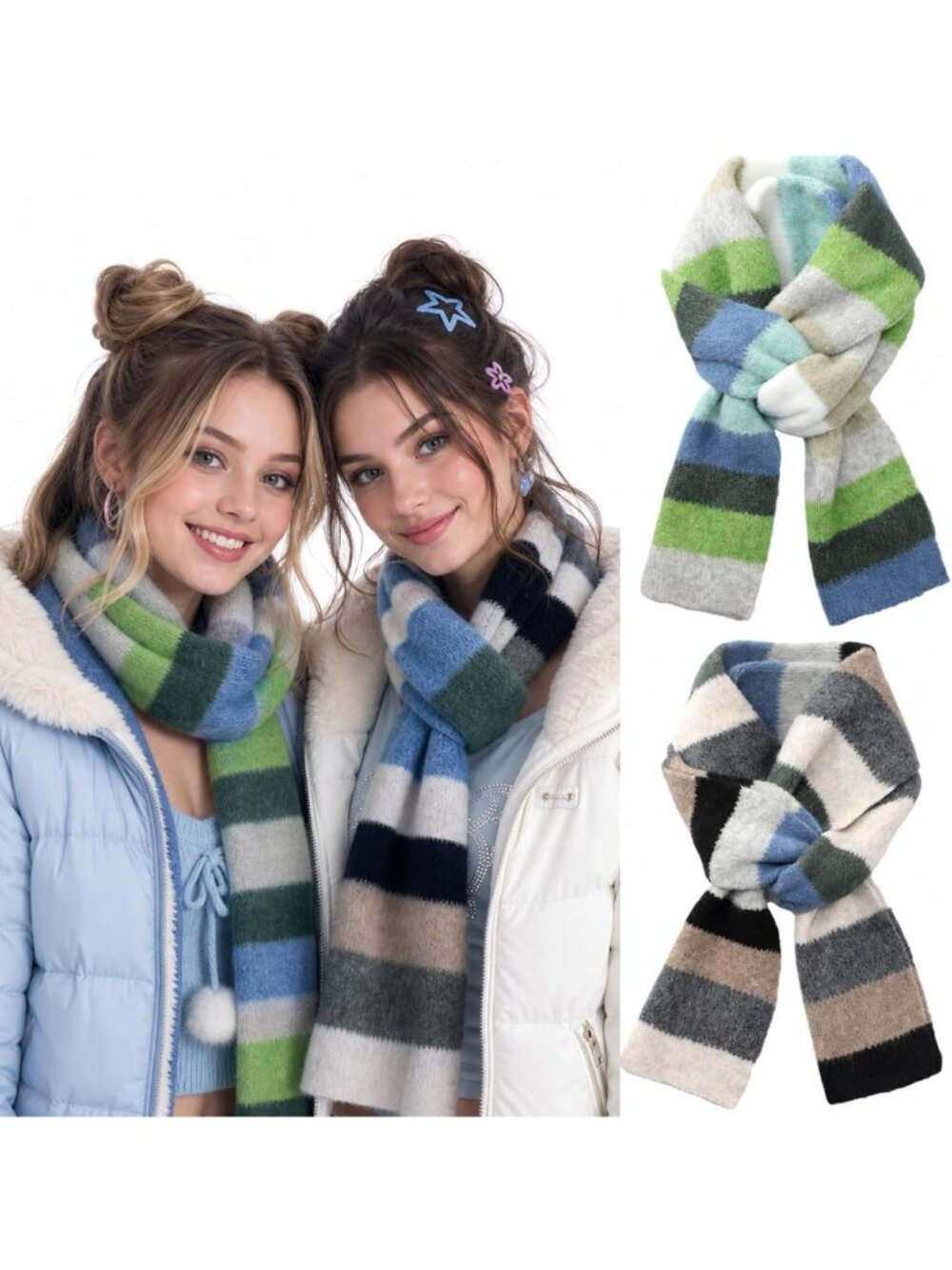 2 Pcs Y2K Striped Long Skinny Scarves - Fuzzy Colorful Knit for Winter